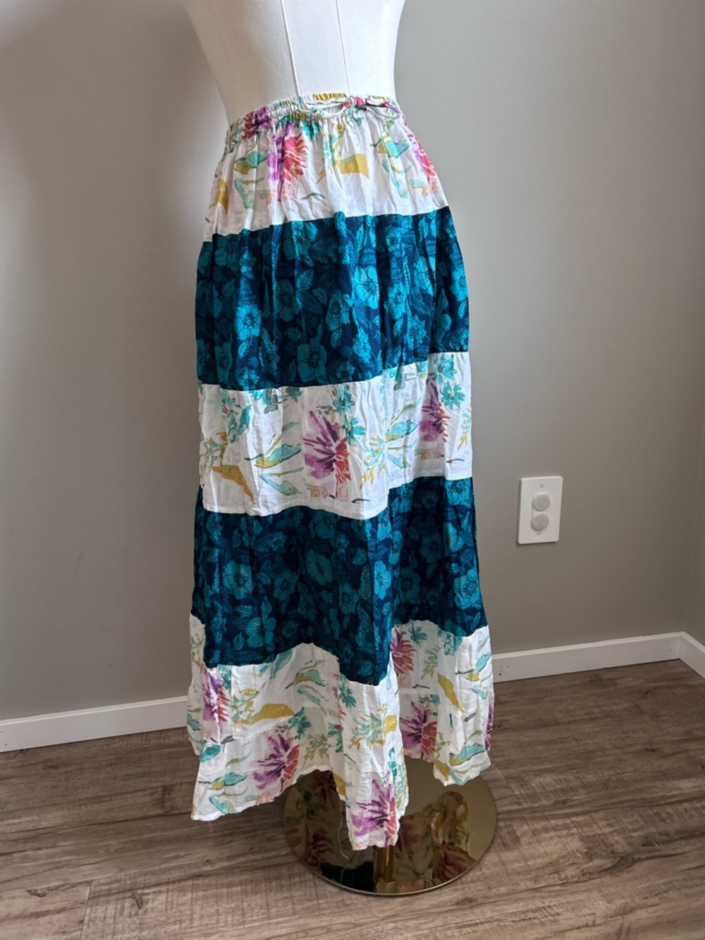 Bohemian Tiered Floral flower hippy Maxi Skirt - Teal & White summer flowy - Picture 8 of 9